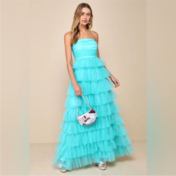 Lulus NWT Fabulous Existence Teal Green Tulle Strapless Tiered Maxi Dress Small - Picture 2 of 5